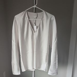 Calvin Klein Ivory Satin V-neck Long Sleeve Blouse With Zipper Cuffs Size M